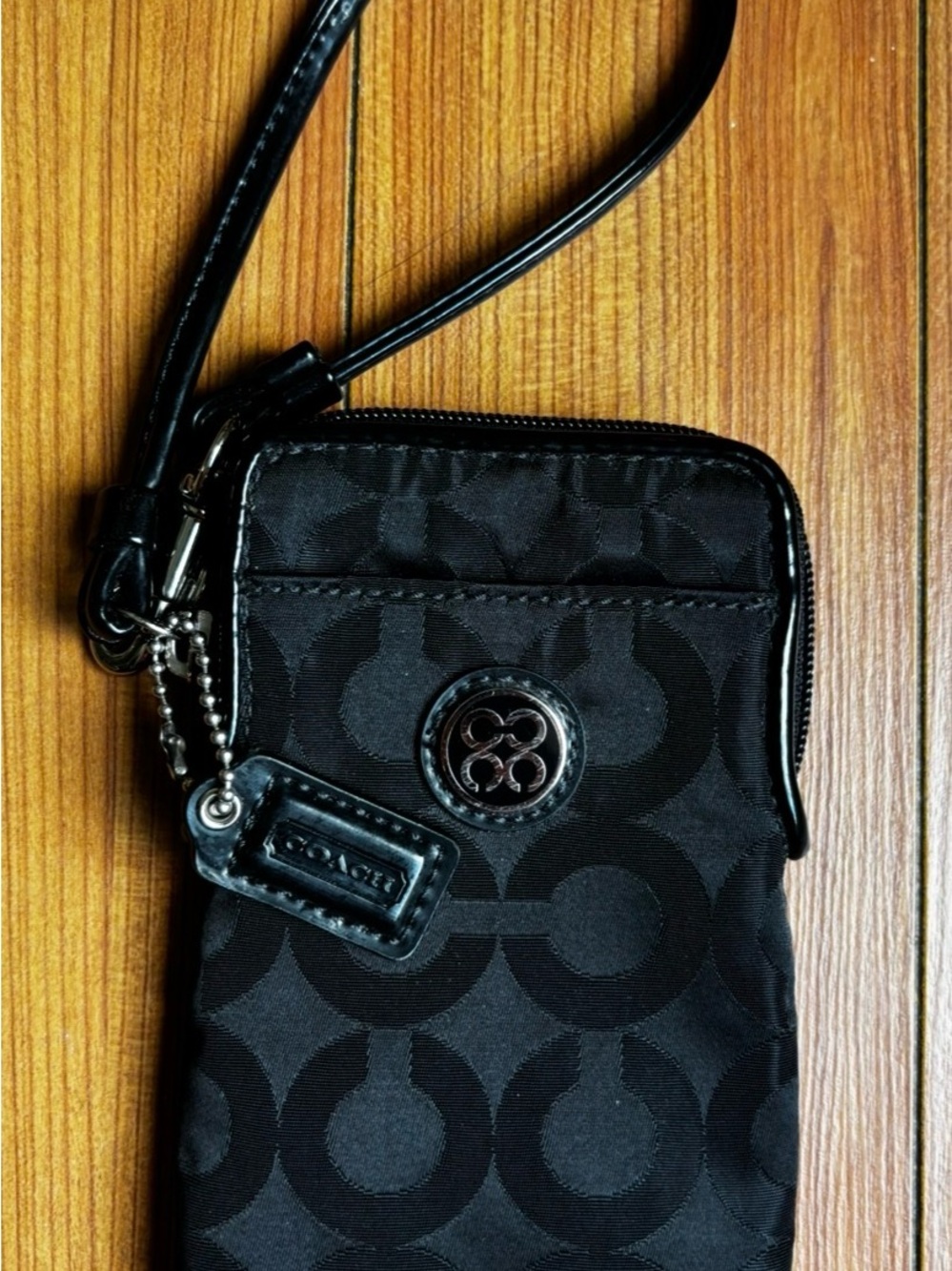 Coach Black Signature C Logo Phone Wristlet with Strap